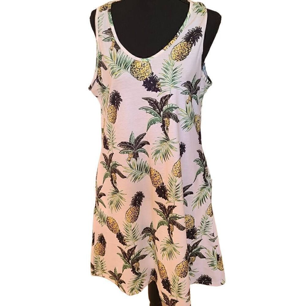 Mzluyin Womens Pineapple Print Cotton Blend Easy Fit Tank Dress With Pockets Med
